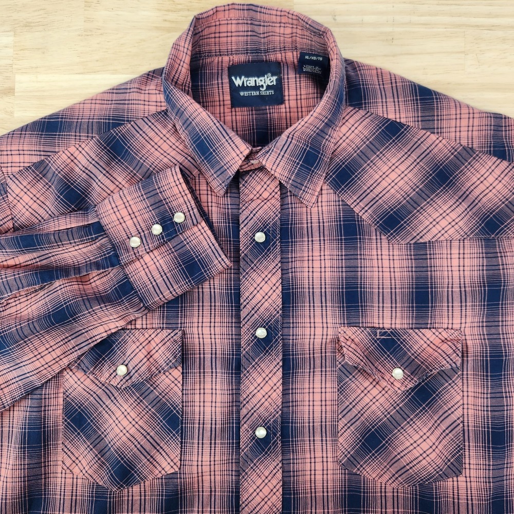 Wrangler Western Shirts Snap Button Long Sleeve Shirt Mens Size XL Pink Blue